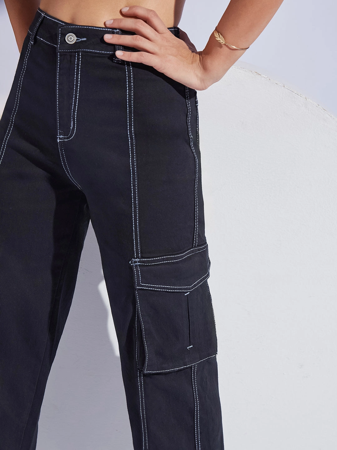 Women's Black Wide-Leg High-Rise Stretchable Patch-Pocketed Denim Jeans Softened Lining