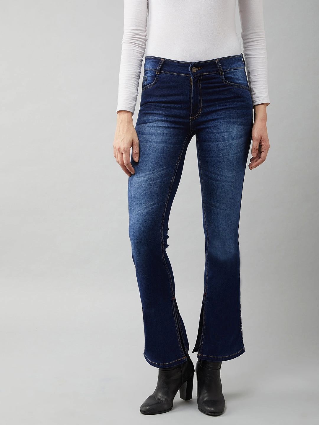 Women's Blue Cotton Bell-Bottom Bootcut Fit & Flared Mid-Rise Stretchable Denim Jeans Classic Casual Ever Versatile