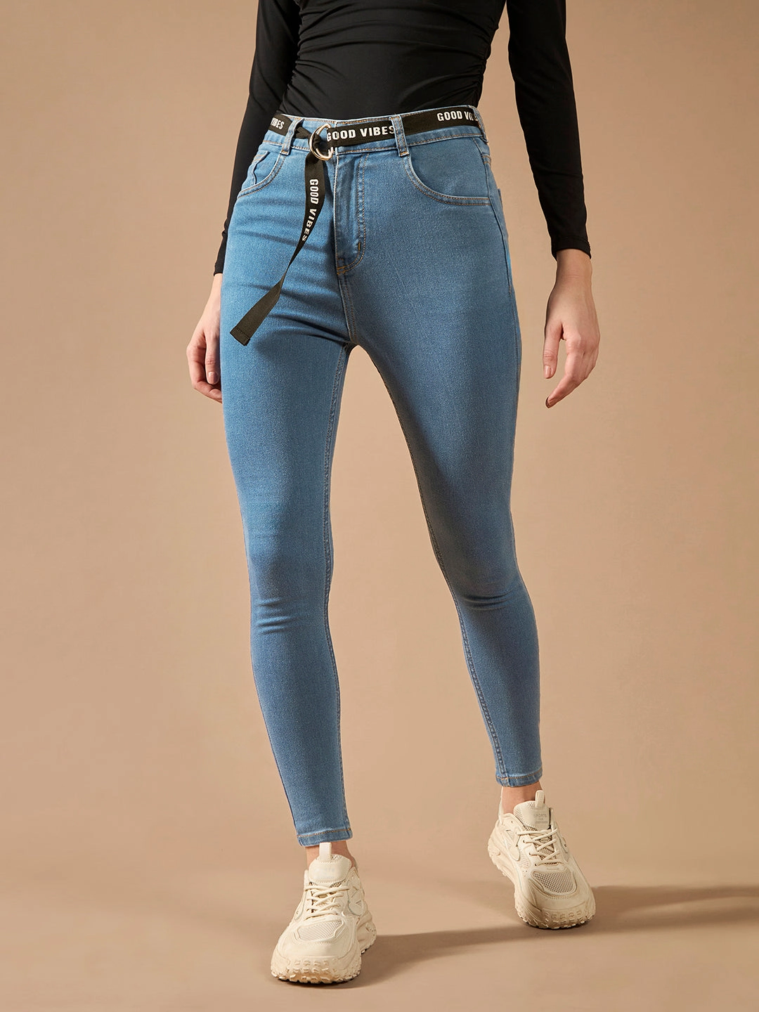 Versatile Weekend Style Women's Blue Cotton Skinny-Fit Cropped High-Rise Stretchable Denim Jeans