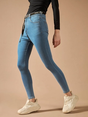Basic Outfit Comfy Tailoring Women's Blue Cotton Skinny-Fit Cropped High-Rise Stretchable Denim Jeans