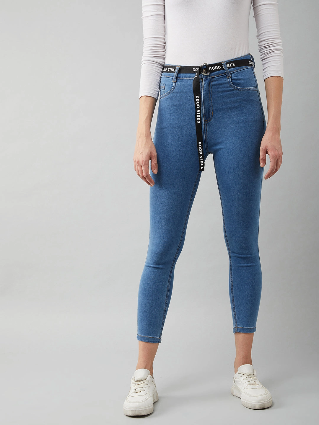 Anytime Wear Festival Outfit Comfy Women's Blue Cotton Skinny-Fit Cropped High-Rise Stretchable Denim Jeans