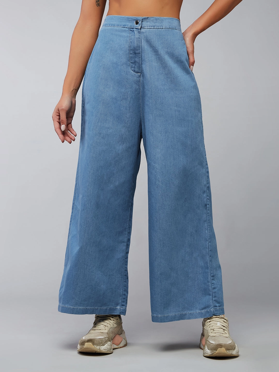 Flex Fit Women's Blue Flared Wide-Leg High-Rise Light Weight Non Stretchable Denim Culottes Pants