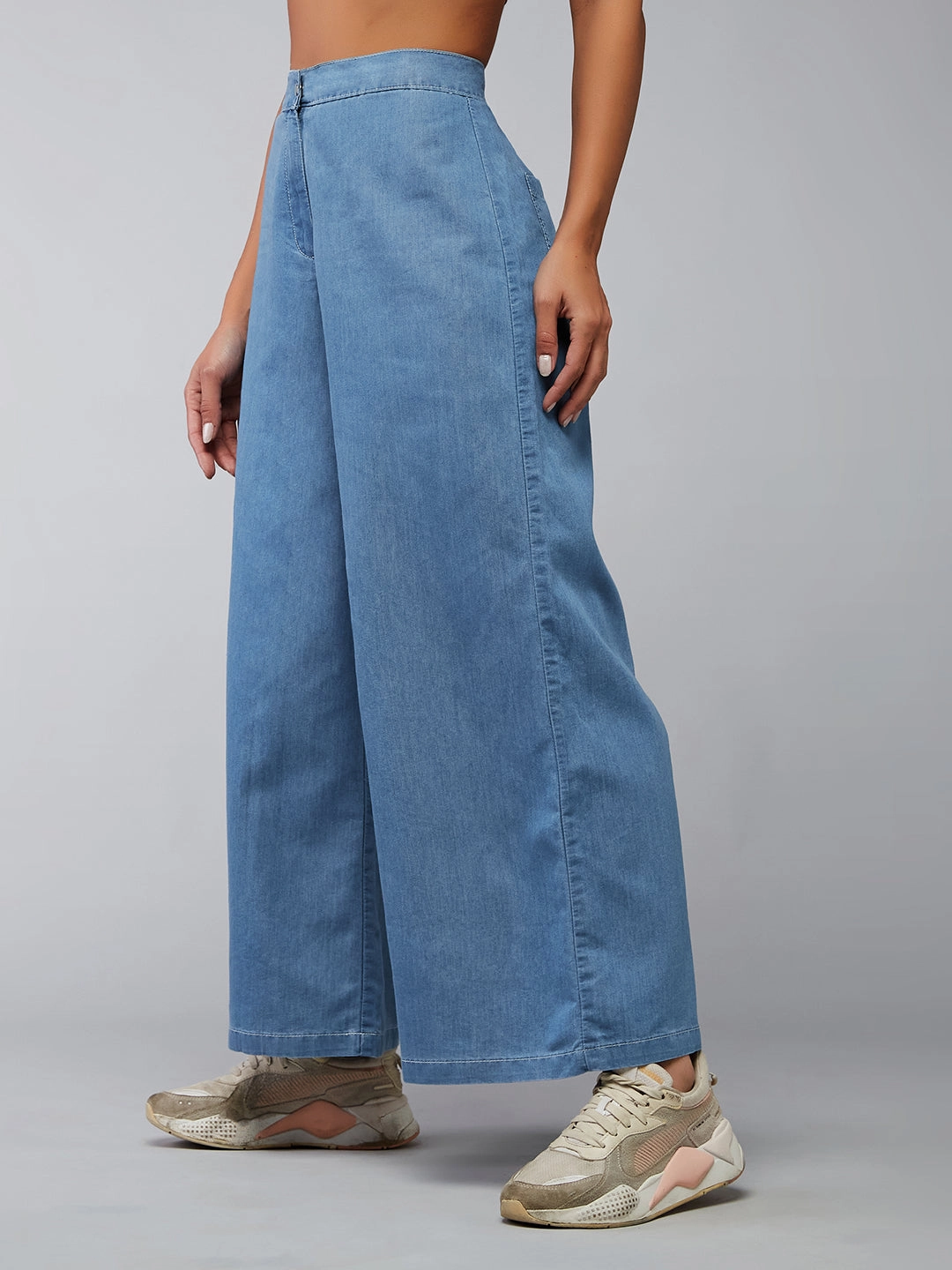 Sport Comfort Women's Blue Flared Wide-Leg High-Rise Light Weight Non Stretchable Denim Culottes Pants
