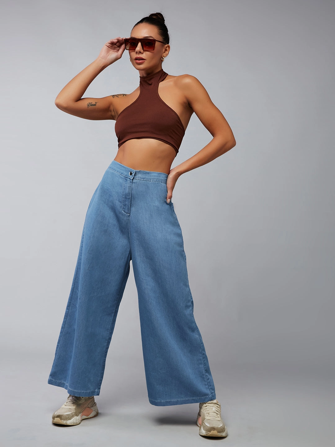 Women's Blue Flared Wide-Leg High-Rise Light Weight Non Stretchable Denim Culottes Pants Stain Resistant Quick Motion
