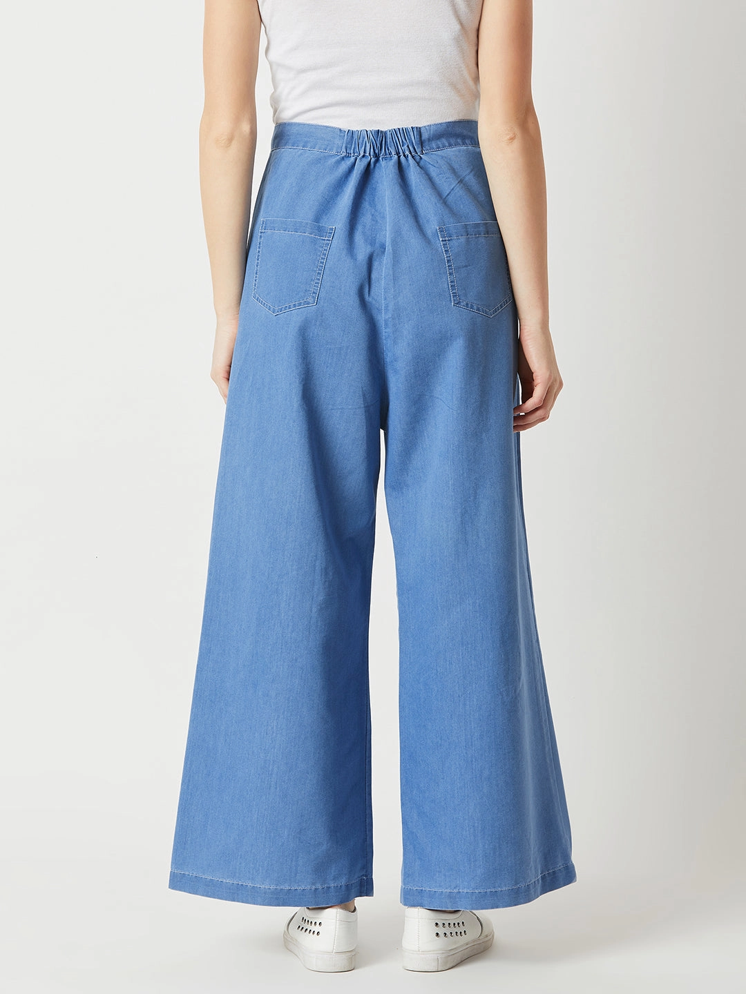 Women's Blue Flared Wide-Leg High-Rise Light Weight Non Stretchable Pants Soft Fabric