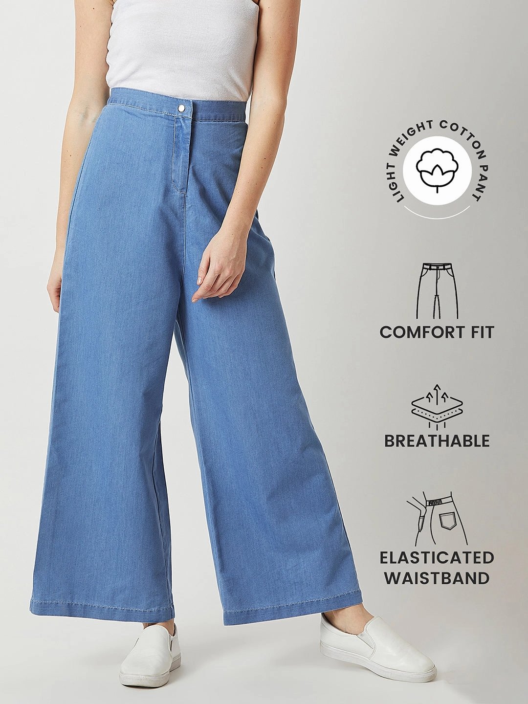 Zip-off legs Women's Blue Flared Wide-Leg High-Rise Light Weight Non Stretchable Pants