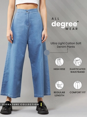 Women's Blue Flared Wide-Leg High-Rise Non Stretchable Culottes Pants QuickDryTechnology