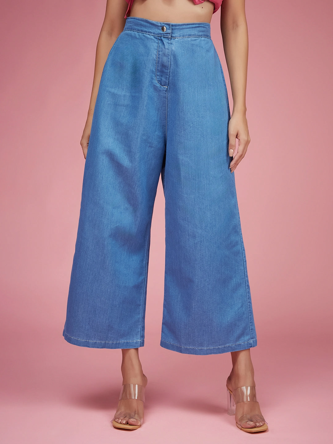 Comfort waistband Effortless Look Women's Blue Flared Wide-Leg High-Rise Non Stretchable Light Weight Denim Culottes Pants