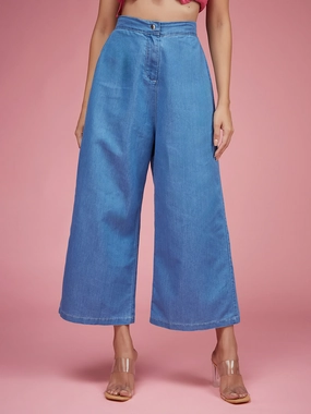 Comfort waistband Effortless Look Women's Blue Flared Wide-Leg High-Rise Non Stretchable Light Weight Denim Culottes Pants