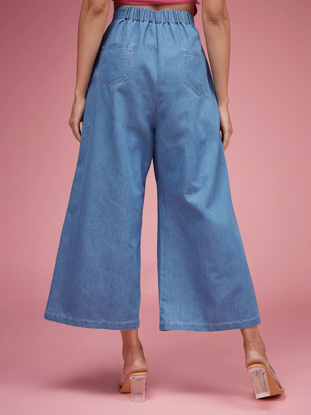 Women's Blue Flared Wide-Leg High-Rise Non Stretchable Light Weight Denim Culottes Pants Seasonless wear Stretch Comfort