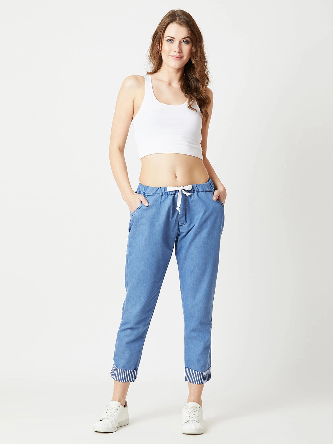 HeatRegulatingLining Women's Blue High-Rise Clean-Look Solid Cropped Striped Detailing Denim Joggers