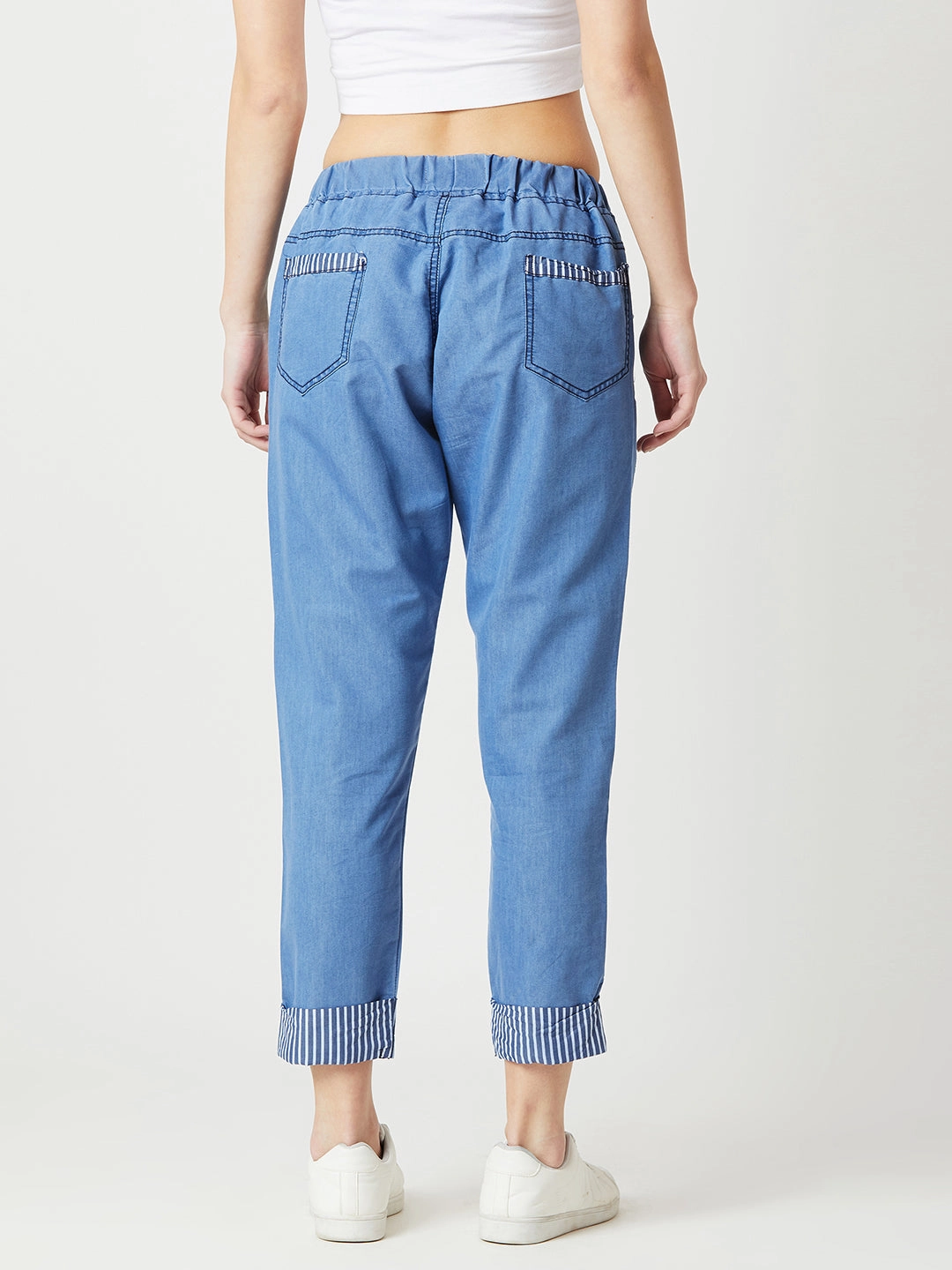 Mid Rise relaxed shape Women's Blue High-Rise Clean-Look Solid Cropped Striped Detailing Denim Joggers
