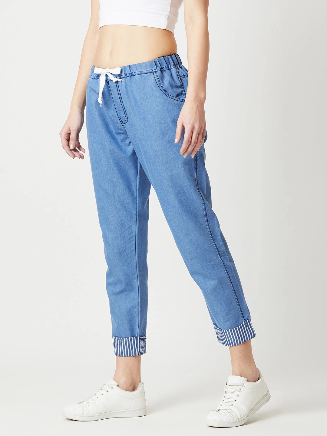 Relaxed Cut Timeless Design Women's Blue High-Rise Clean-Look Solid Cropped Striped Detailing Denim Joggers