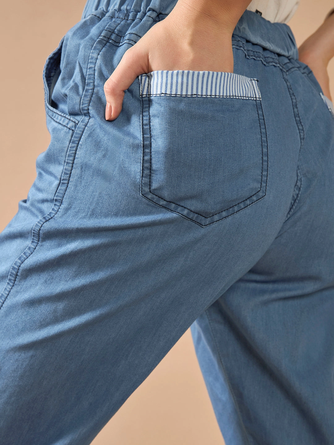 Crisp Look Relaxed Thigh Cut Women's Blue High-Rise Clean-Look Solid Cropped Striped Detailing Denim Joggers