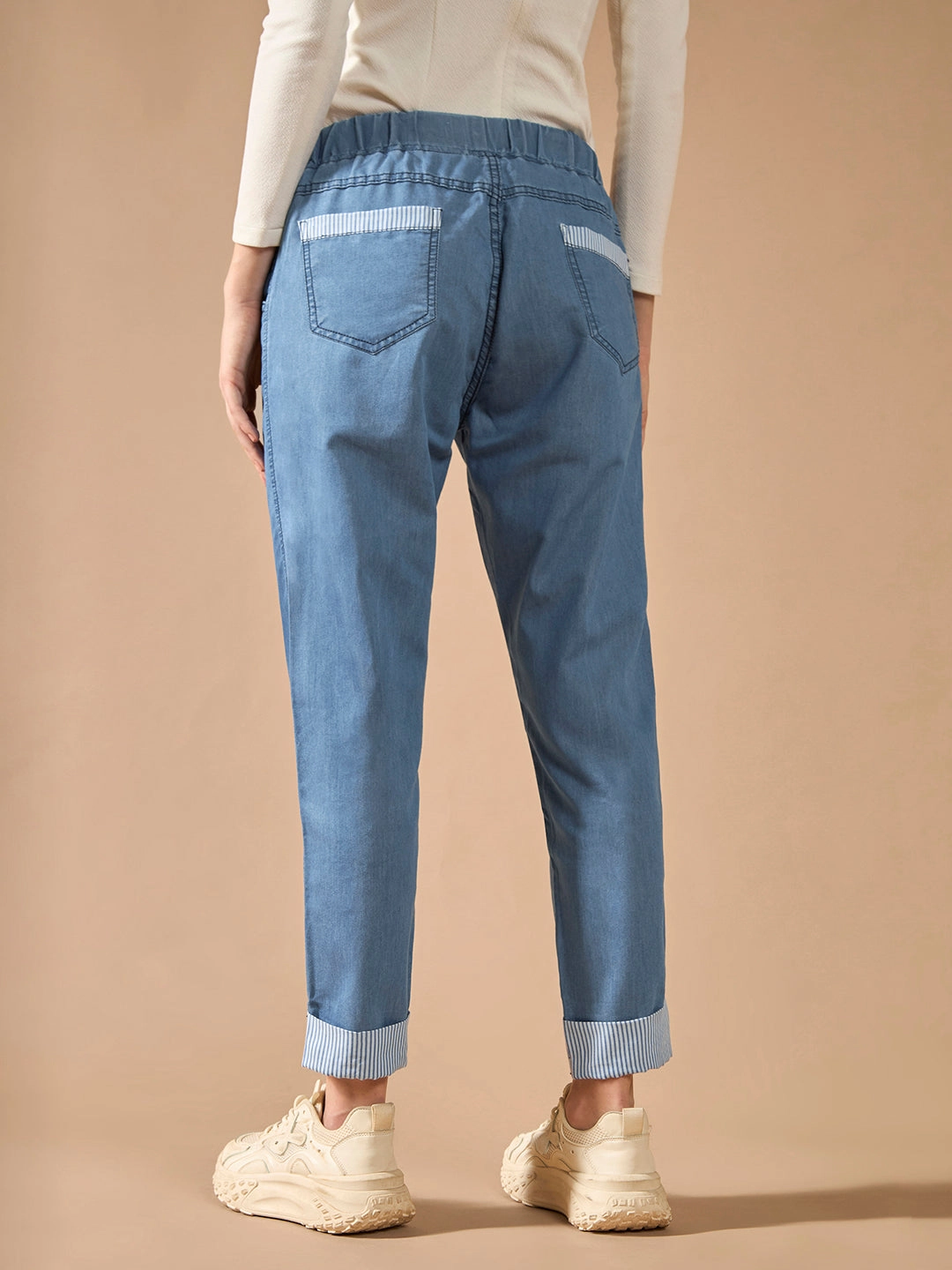 Modern Winter Warmth Loose Classic Wear Morning Stroll Women's Blue High-Rise Clean-Look Solid Cropped Striped Detailing Denim Joggers