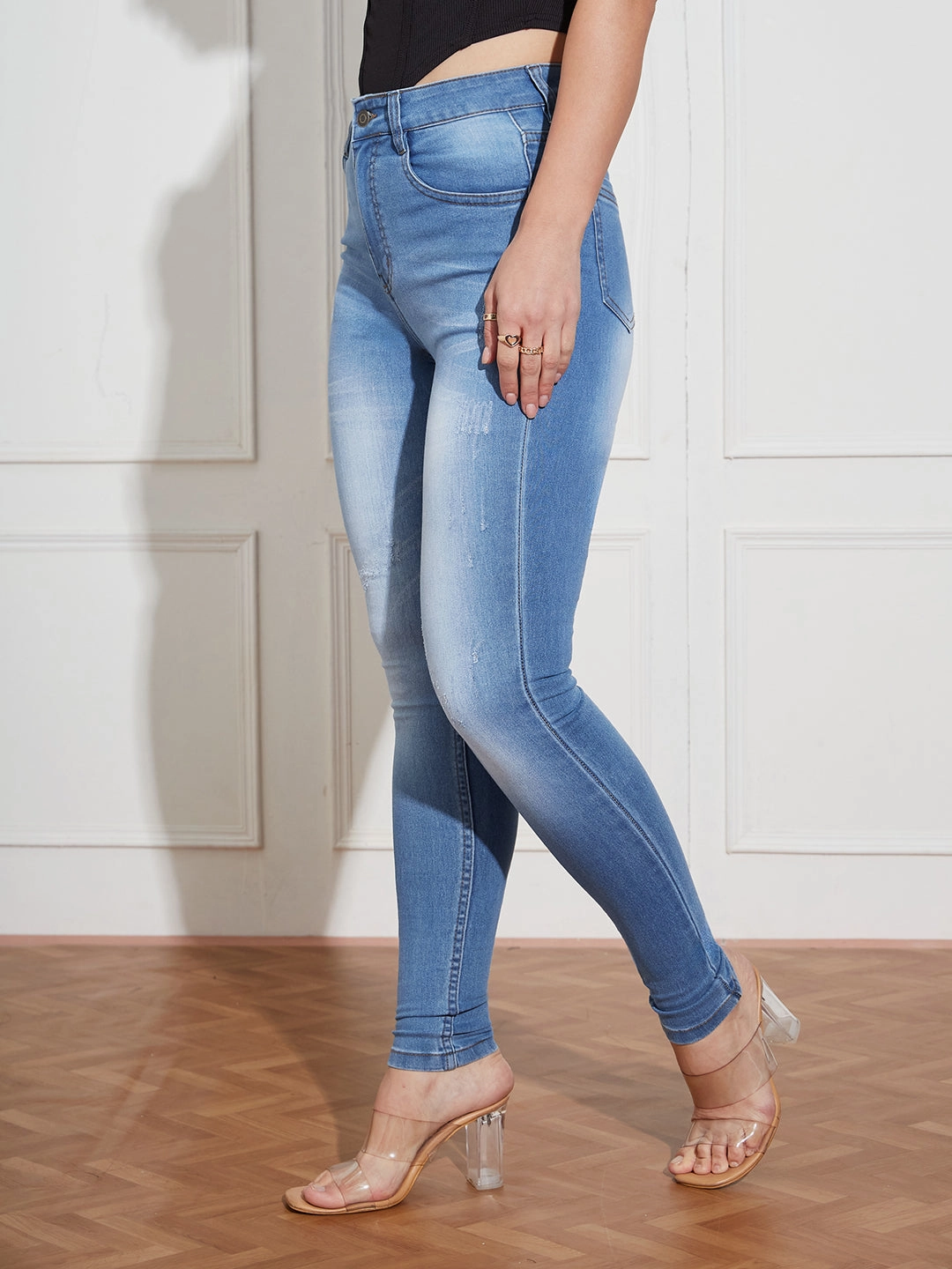 Sustainable Denim Production Daily Casual Women's Blue High-Rise Mildly-Distressed Regular-Length Stretchable Denim Skinny Jeans