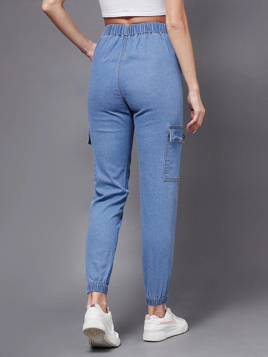 Women's Blue High-Rise Stretchable Denim Joggers Stretching Fit