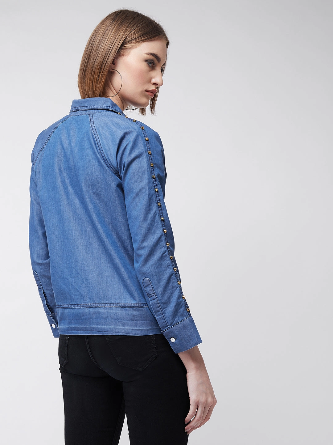 Down Stuffed Women's Blue Polo Neck Full Sleeve Solid Embellished Flap Detailing Buttoned Denim Bomber Jacket