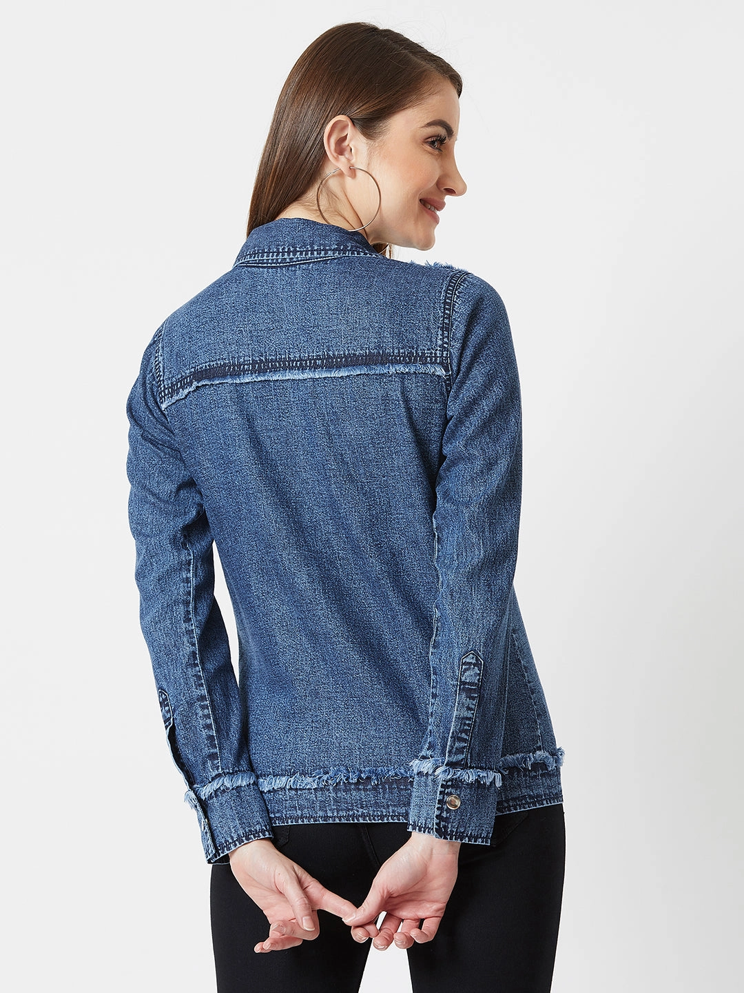 Women's Blue Polo Neck Full Sleeves Snap Button Detailing Denim Solid Regular Length Jacket Anti Pilling Surface YKK Fasteners