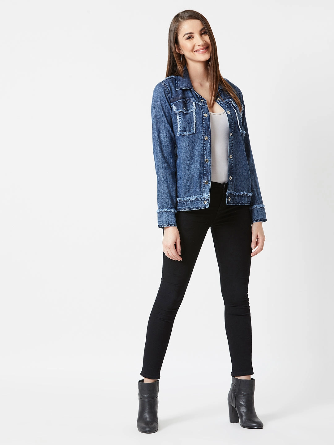 Women's Blue Polo Neck Full Sleeves Snap Button Detailing Denim Solid Regular Length Jacket Warm Essentials Hidden Pocket System