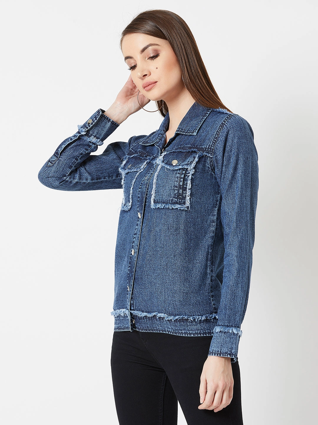 Women's Blue Polo Neck Full Sleeves Snap Button Detailing Denim Solid Regular Length Jacket Anti Glare Trim Rainy Day