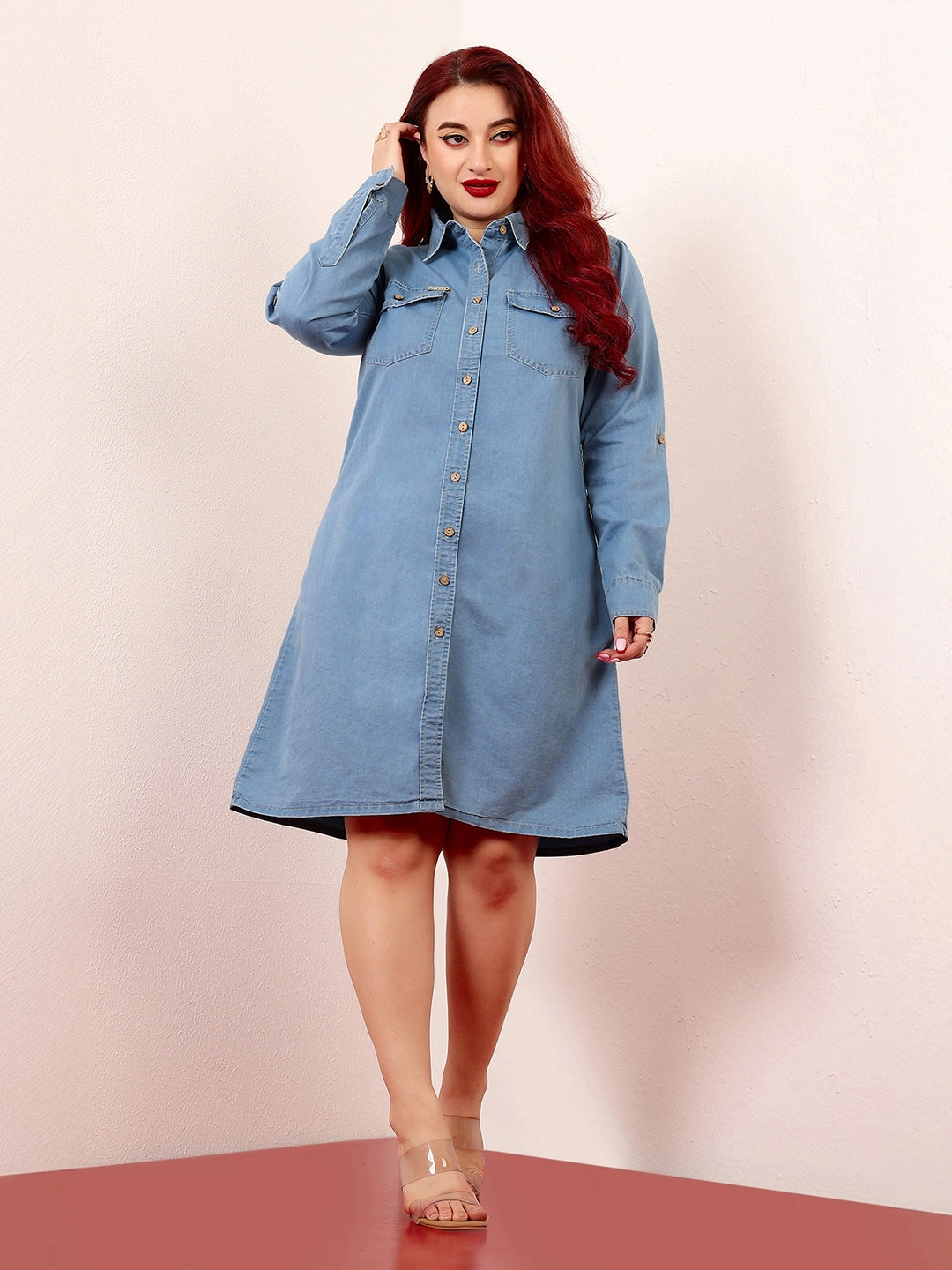 Autumn Mood Luxe Appeal Women's Blue Polo Neck Rolled-Up Full-Sleeves Denim Solid Buttoned A-Line Mini Dress