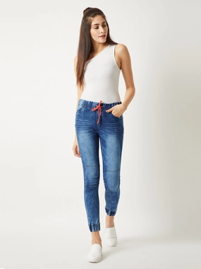 Flexible Leg Breathable mesh design Women's Blue Relaxed Fit Mid Rise Ice Wash Regular Length Stretchable Denim Joggers