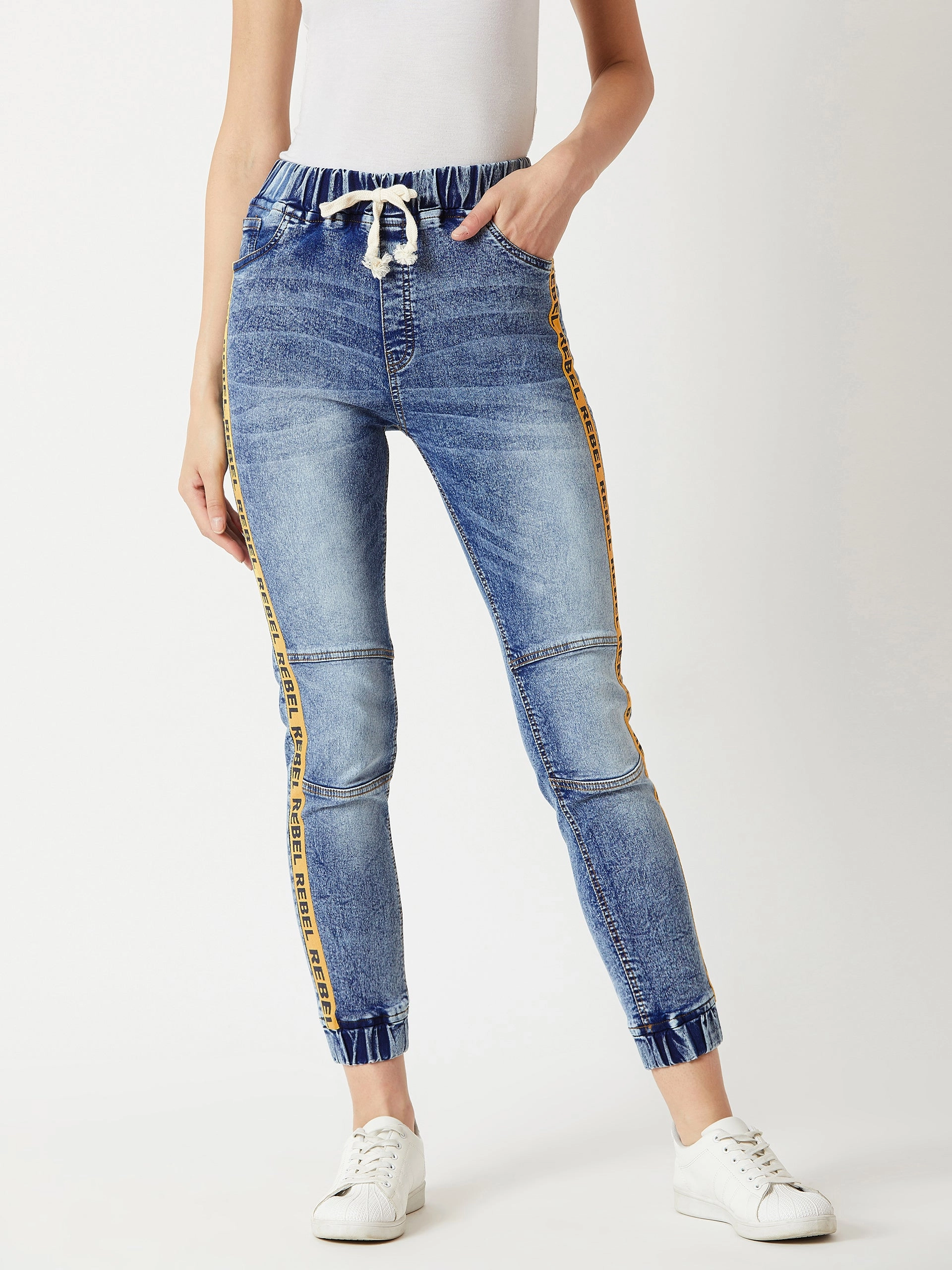 Essential Wear clean look Women's Blue Relaxed Fit Mid Rise Multicolor Twill Tape Detailing Regular Length Denim Stretchable Jogger Pants