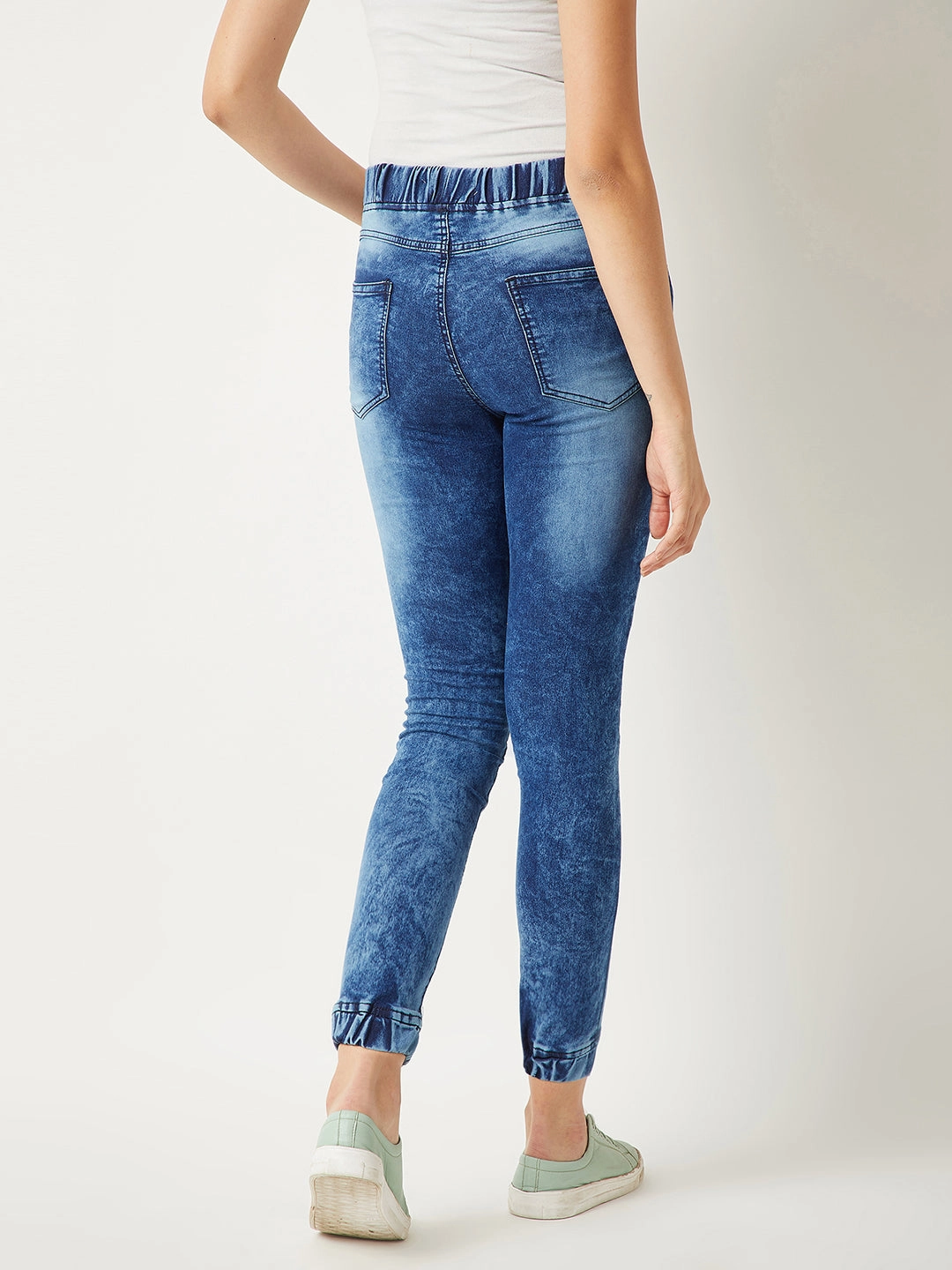 Casual Stretch Wear Women's Blue Relaxed Fit Mid Rise Regular Length Ice Wash Stretchable Denim Joggers