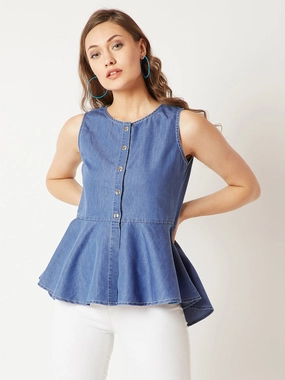 Women's Blue Round Neck Sleeveless Denim Front Open Solid Peplum Top Reflective Trims V-neck Shirt