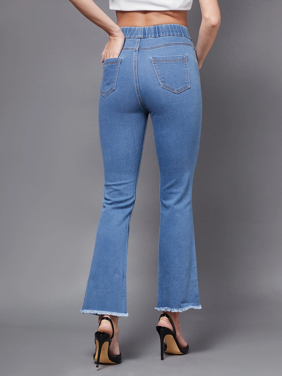 On-the-Go Look Casual Luxury Winter Warmth Women's Blue Semi-Bootcut Bell-Bottom Mid-Rise Stretchable Denim Jeans