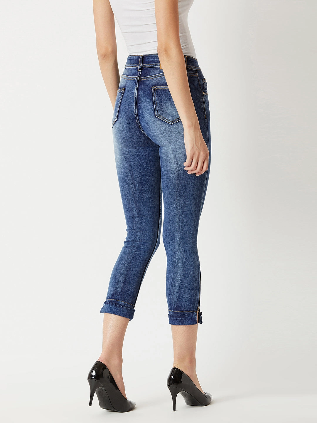 Women's Blue Skinny-Fit High-Rise Ankle Length Acid Wash Blast Effect Stretchable Denim Jeans Minimalist Comfort Stretch Minimalist