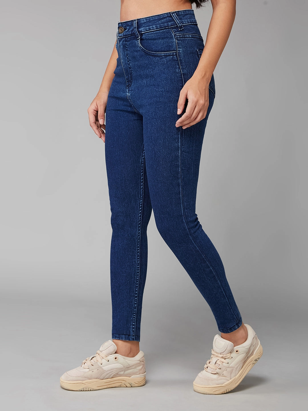 Contemporary Waist Women's Blue Skinny-Fit High-Rise Clean-Look Cropped Stretchable Denim Jeans