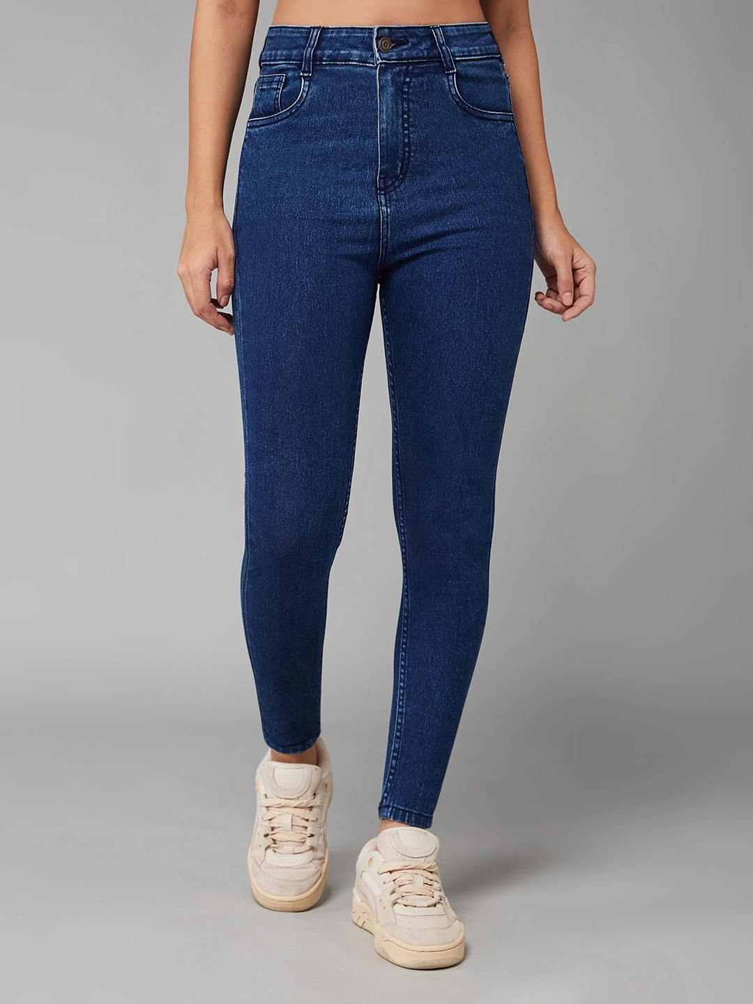 Textured Vibrant Women's Blue Skinny-Fit High-Rise Clean-Look Cropped Stretchable Denim Jeans