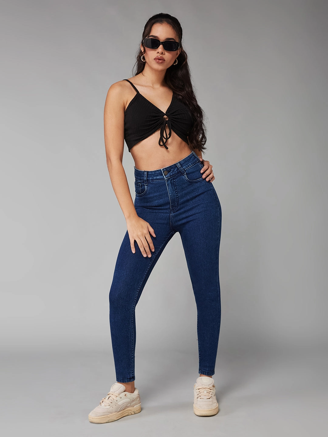 Women's Blue Skinny-Fit High-Rise Clean-Look Cropped Stretchable Denim Jeans Day To Day comfortable option