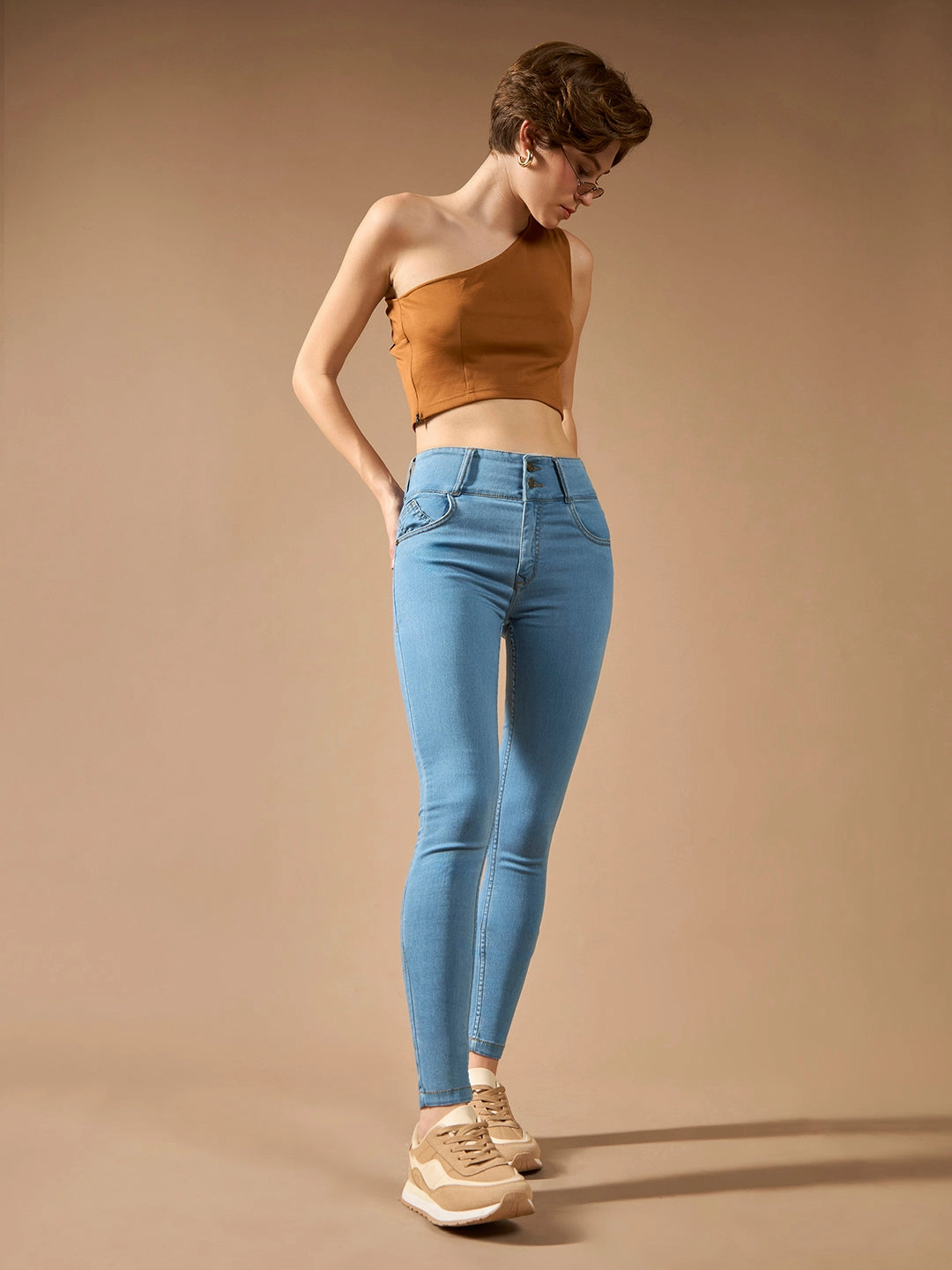 Weekend Style Rainy Day Winter Warmth Minimalist Style Picnic Style Women's Blue Skinny-Fit High-Rise Clean-Look Regular-Length Ice Wash Stretchable High Waist Denim Jeans