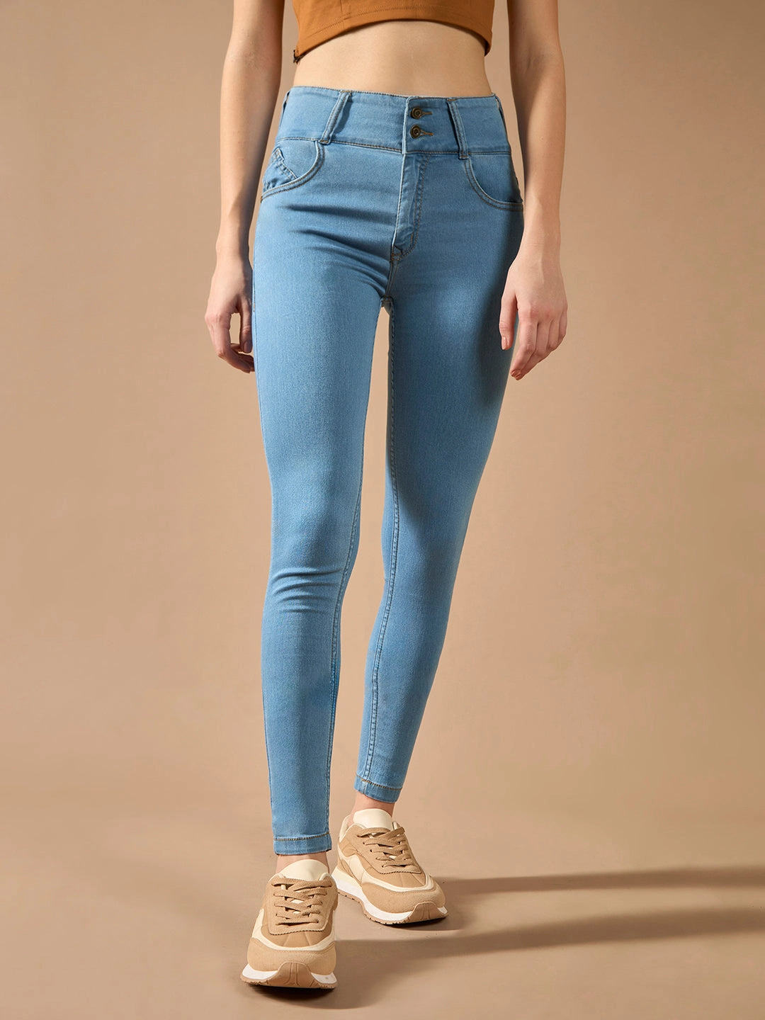 Women's Blue Skinny-Fit High-Rise Clean-Look Regular-Length Ice Wash Stretchable High Waist Denim Jeans Autumn Days Parent Style Bold Textured Loose Luxury