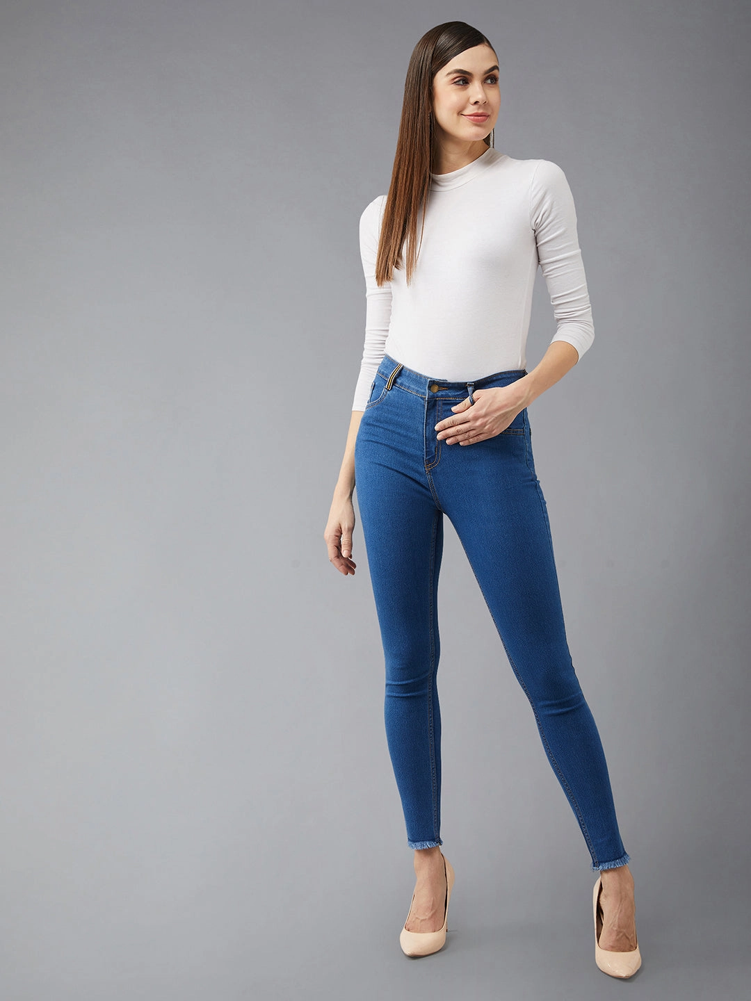 Weekend Warrior Festival Outfit Smooth Women's Blue Skinny-Fit High-Rise Cropped Stretchable Denim Jeans