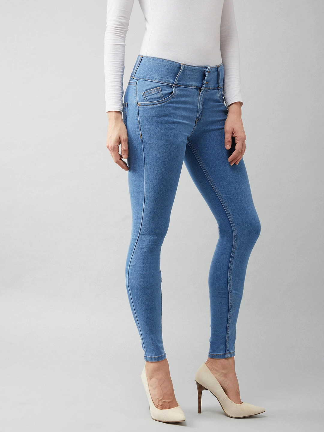 Quality Basic Women's Blue Skinny-Fit High-Rise Ice-Wash Stretchable High-Rise Denim Jeans