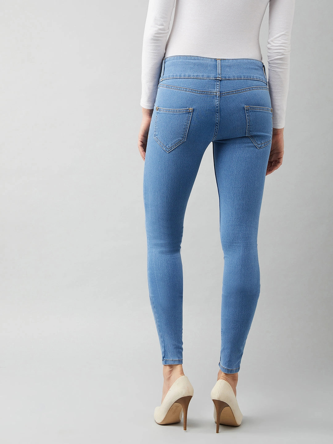 Women's Blue Skinny-Fit High-Rise Ice-Wash Stretchable High-Rise Denim Jeans Flexible Comfort Flexible Knee Panels