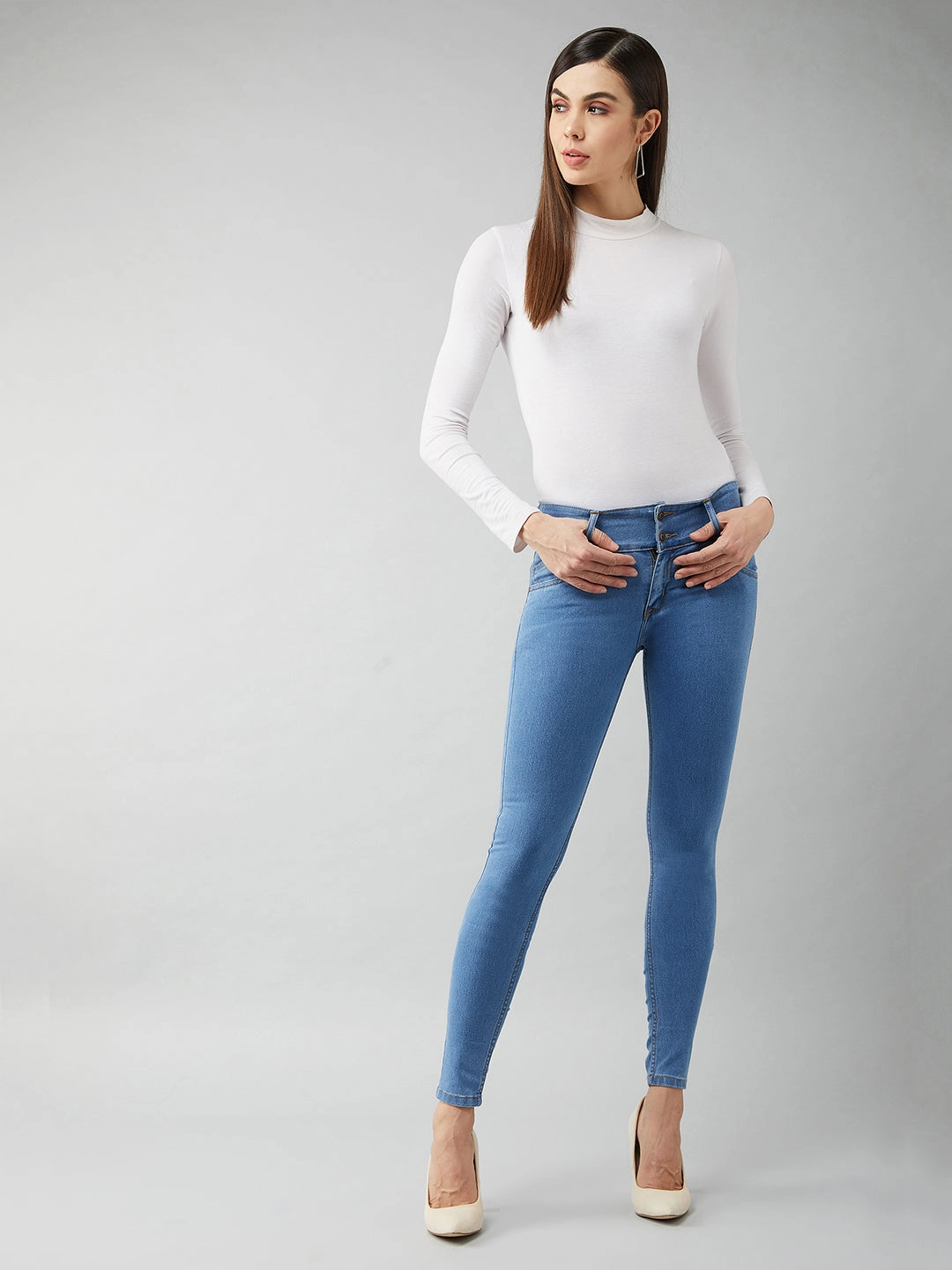 Rainy Day Brunch Outfit Women's Blue Skinny-Fit High-Rise Ice-Wash Stretchable High-Rise Denim Jeans