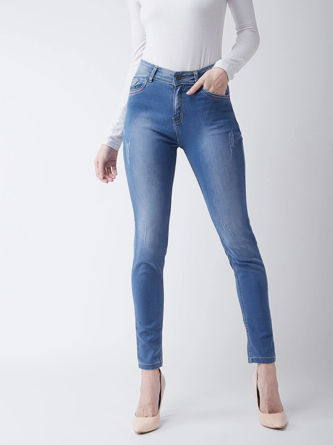 Women's Blue Skinny-Fit High-Rise Stretchable Denim Jeans Home Comfort Party Look Modern Minimalist