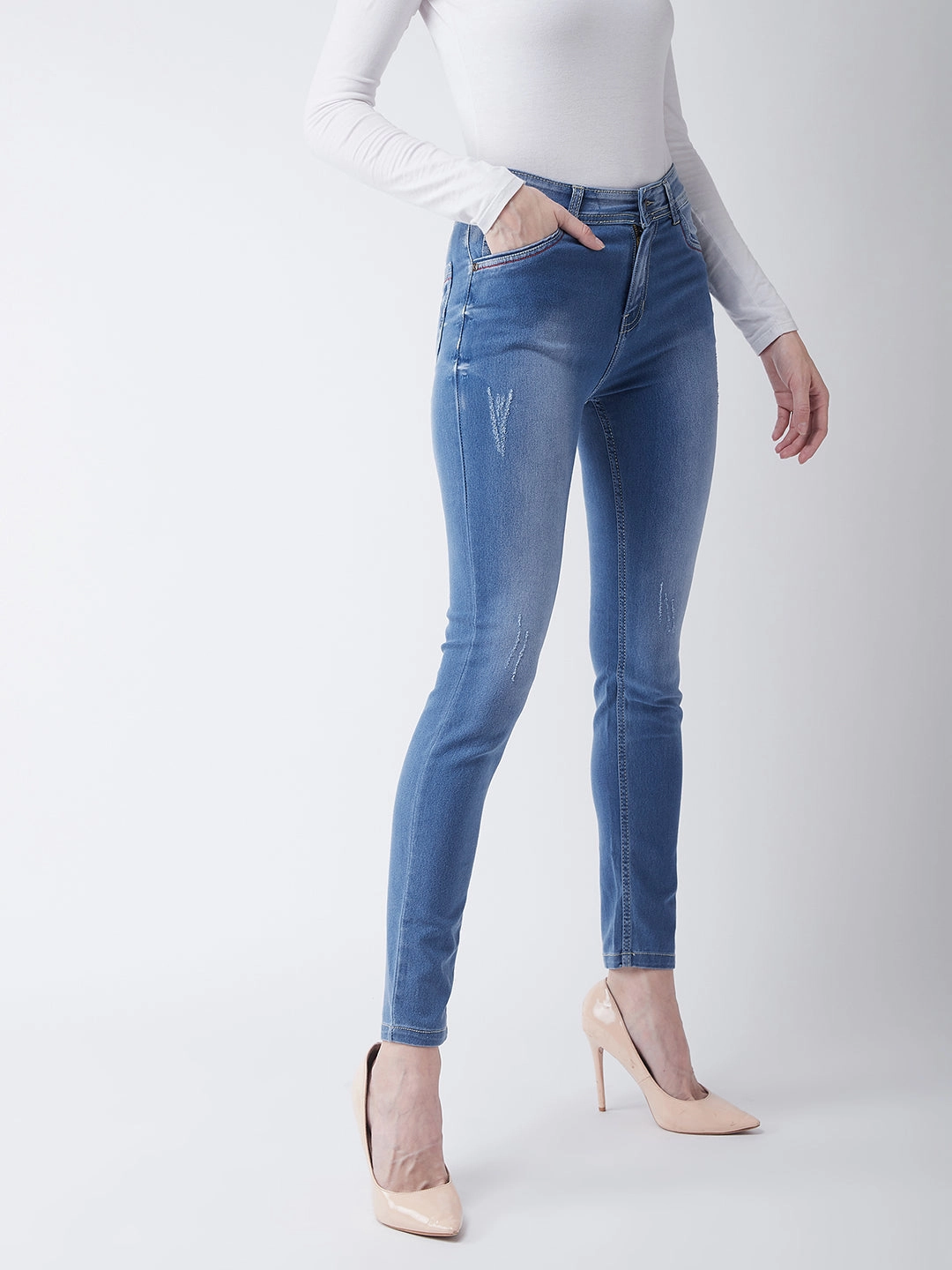 Women's Blue Skinny-Fit High-Rise Stretchable Denim Jeans Loose Textured Travel Outfit Evening Stroll Comfy