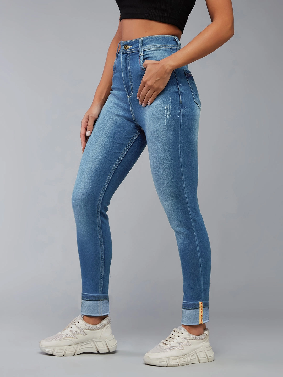 Women's Blue Skinny-Fit High-Rise Twill Tape Detailing Scraped Stretchable Denim Jeans Timeless Design