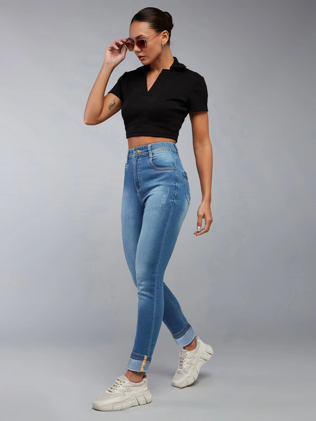 Anti Static Material Blend Road Trip Casual Friday Home Comfort Women's Blue Skinny-Fit High-Rise Twill Tape Detailing Scraped Stretchable Denim Jeans