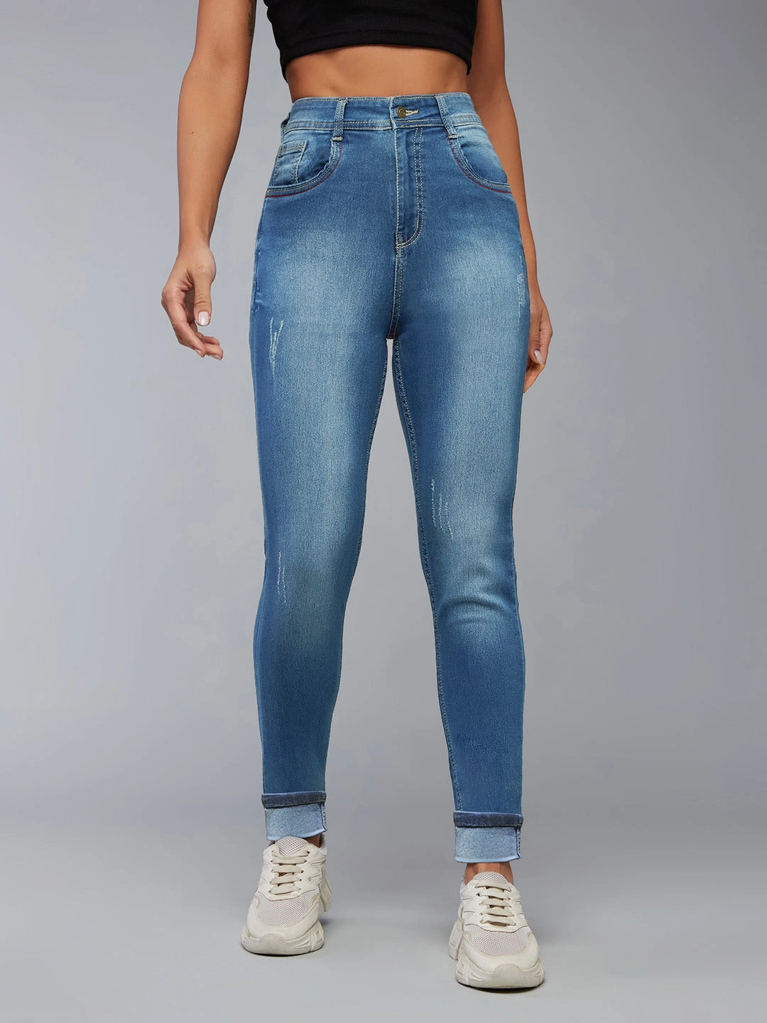 Women's Blue Skinny-Fit High-Rise Twill Tape Detailing Scraped Stretchable Denim Jeans Fits Everyone Year Rounder