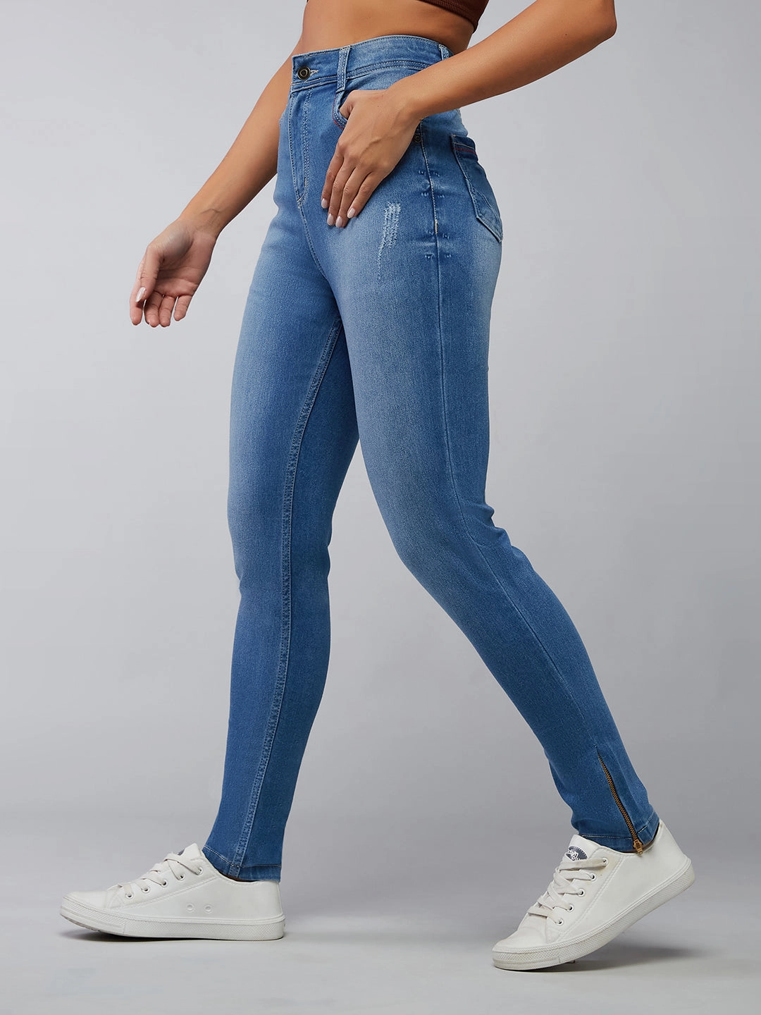 Casual Spring Mood Classic Wear Earthy Streetwear Fan Nature Lover Women's Blue Skinny-Fit High-Rise Zipper Detailing Stretchable Denim Jeans