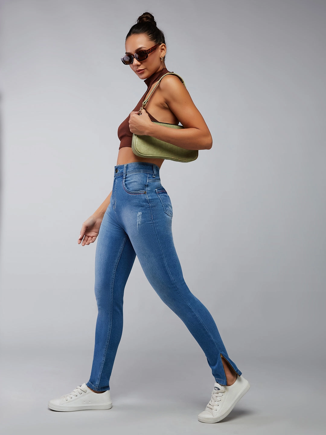 Women's Blue Skinny-Fit High-Rise Zipper Detailing Stretchable Denim Jeans Youth Outfit Basic Comfort