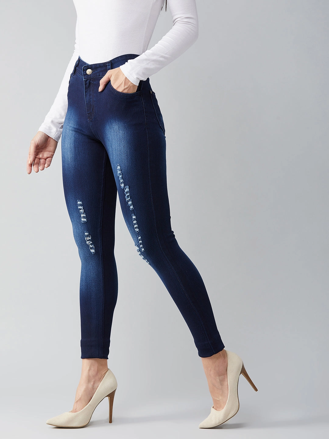 Women's Blue Skinny-Fit Mid-Rise Midly-Distressed Ripped Denim Jeans Luxury Textured Athlete Fit