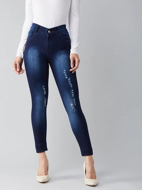 Party Look Modern Minimalist Modern Textured Women's Blue Skinny-Fit Mid-Rise Midly-Distressed Ripped Denim Jeans